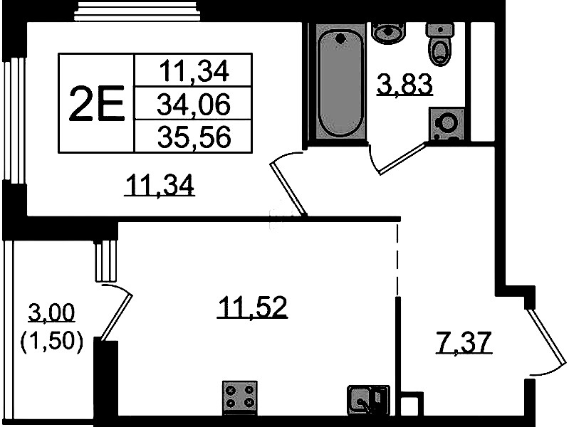 1-комнатная квартира 35.56 м², 12/15 эт., ЖК «GloraX Парголово»